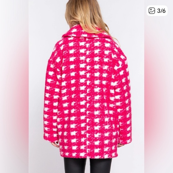 NWT - Active USA Pink & White Houndstooth Plush Pea Coat - Picture 3 of 9